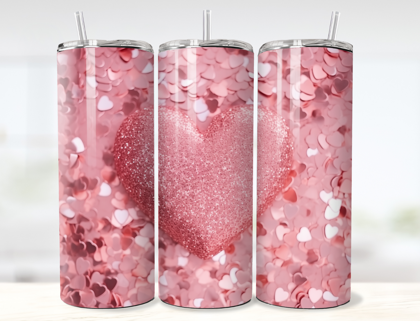 3D Pink Glitter Heart on Confetti Valentine's Day Tumbler Wrap PNG