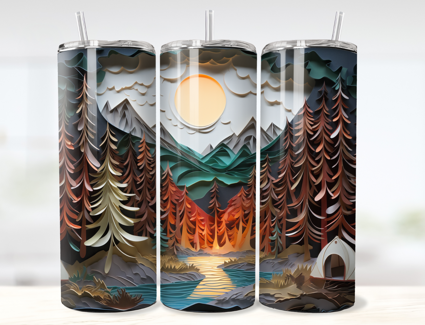 3D Camping Scene Layered Paper Tumbler Wrap PNG
