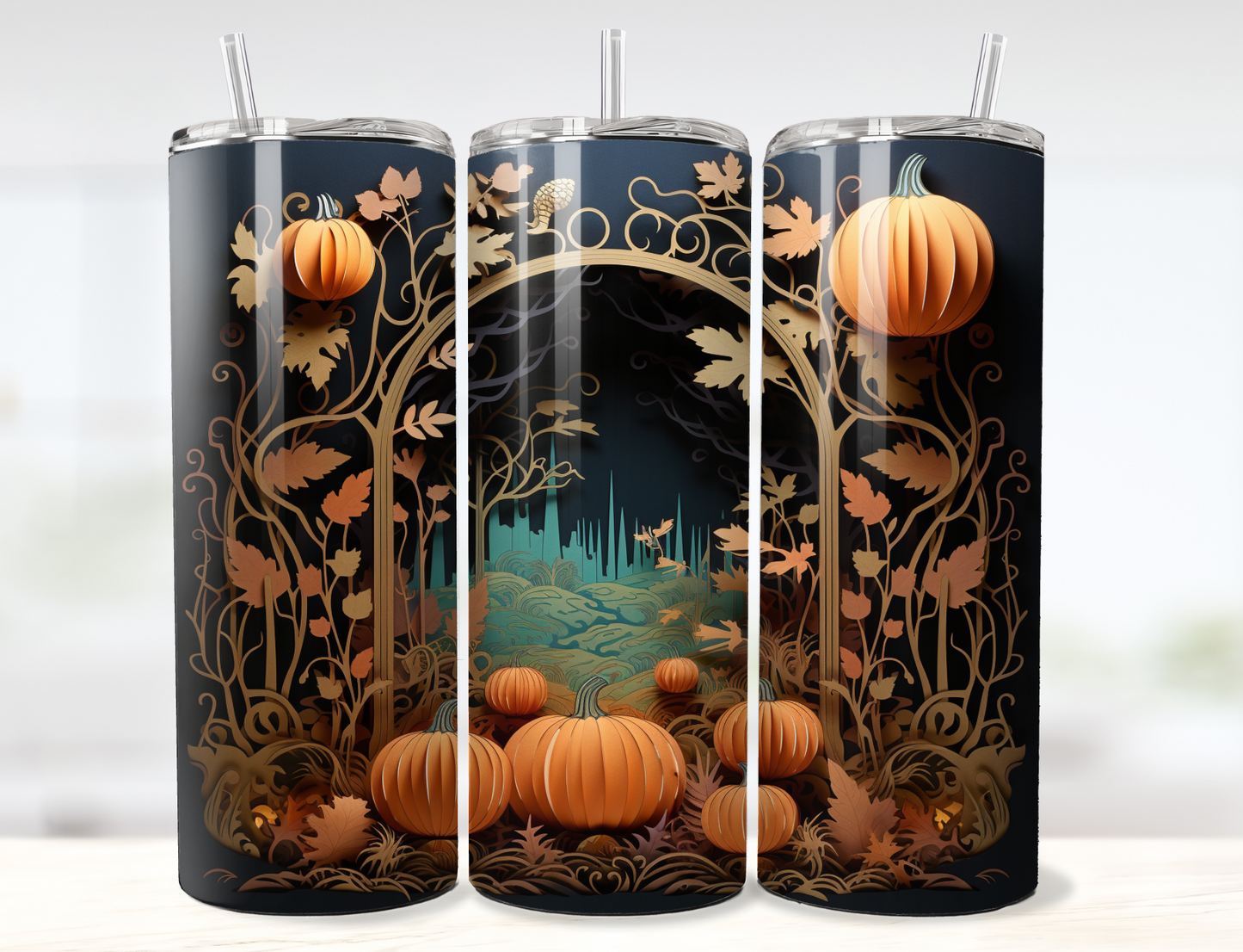 3D Pumpkin Scene Halloween Layered Paper Tumbler Wrap PNG