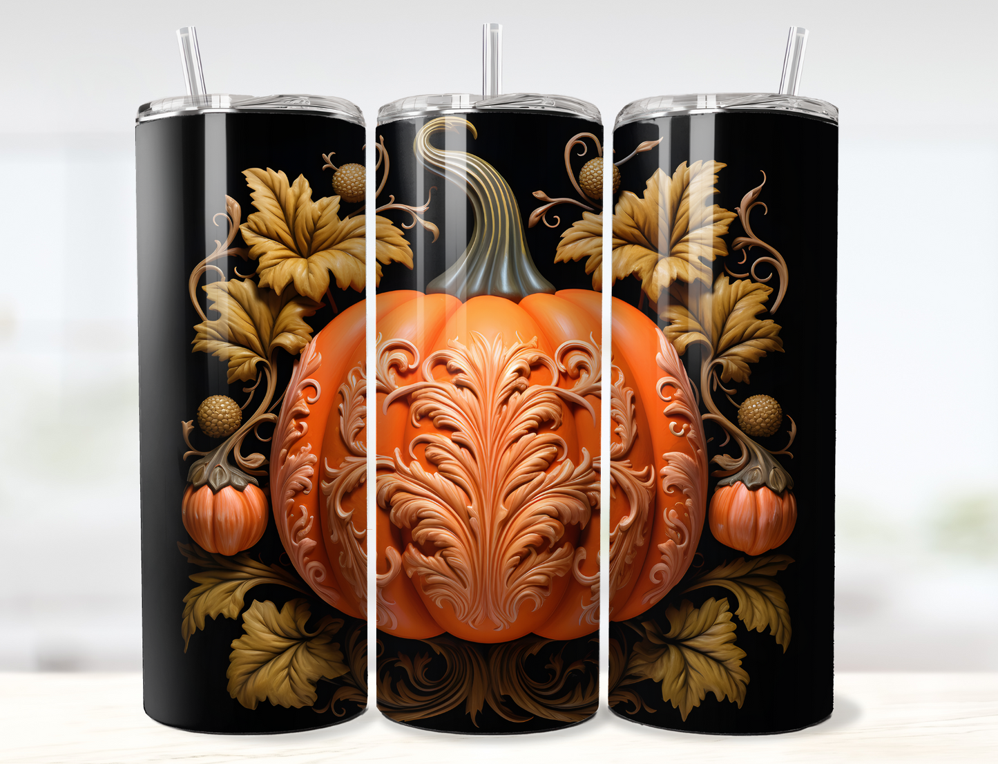 3D Pumpkin and Vine Halloween Tumbler Wrap PNG