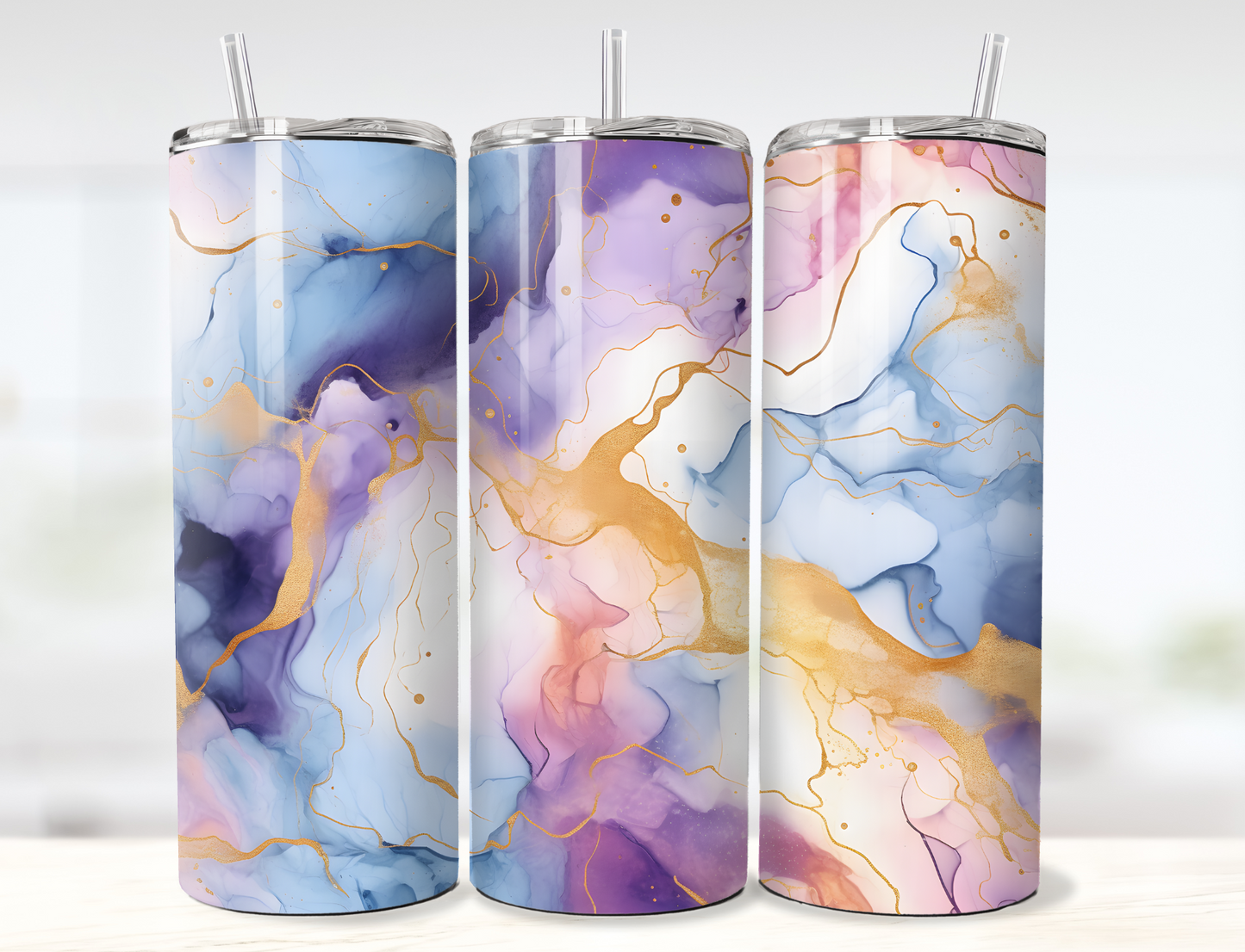 Purple Blue Gold Alcohol Ink Tumbler Wrap PNG