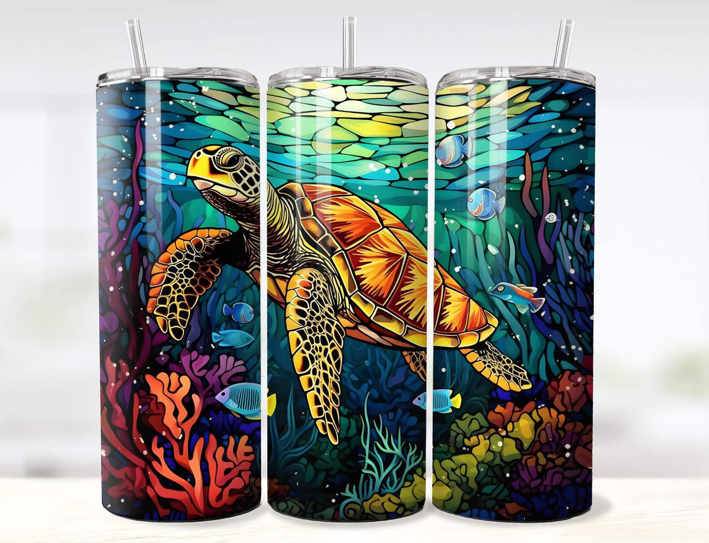 Stained Glass Sea Turtle Tumbler Wrap PNG
