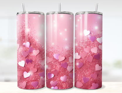 3D Pink Glitter and Heart Confetti Valentine's Day Tumbler Wrap PNG