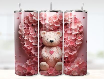 3D Bear with Paper Flower Heart Valentine's Day Tumbler Wrap PNG