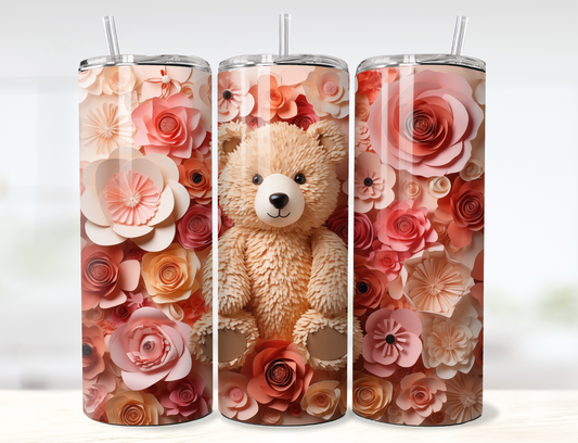 3D Teddy Bear with Flowers Valentine's Day Tumbler Wrap PNG