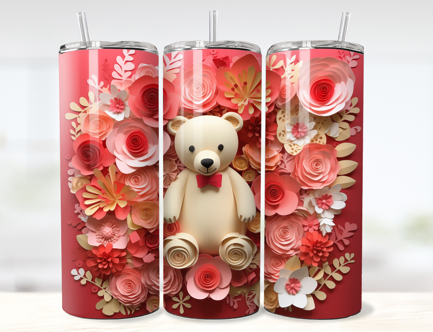 3D Bear and Paper Flowers Valentine's Day Tumbler Wrap PNG