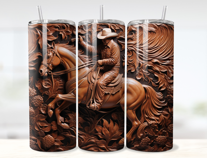 3D Cowboy on Horse Tooled Leather Tumbler Wrap PNG