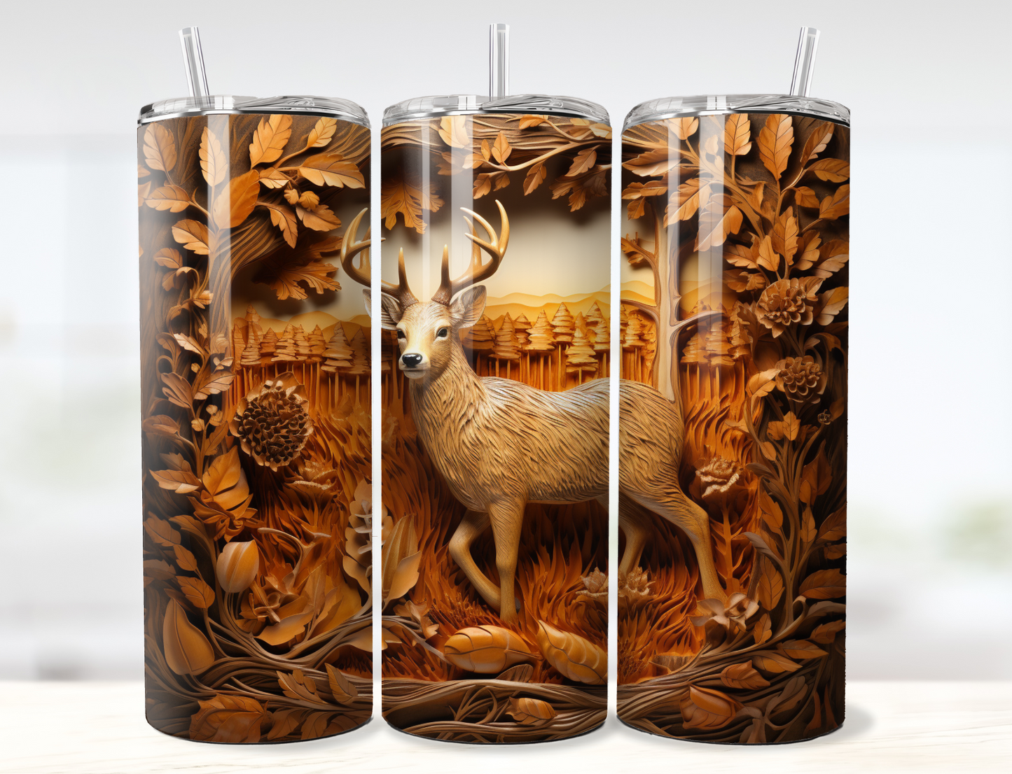 3D Deer in the Woods Carved Wood Tumbler Wrap PNG