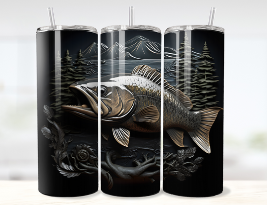 3D Fishing on the Lake Tooled Leather and Metal Tumbler Wrap PNG