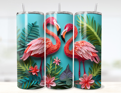 3D Flamingos with Tropical Flowers Paper Quilling Tumbler Wrap PNG