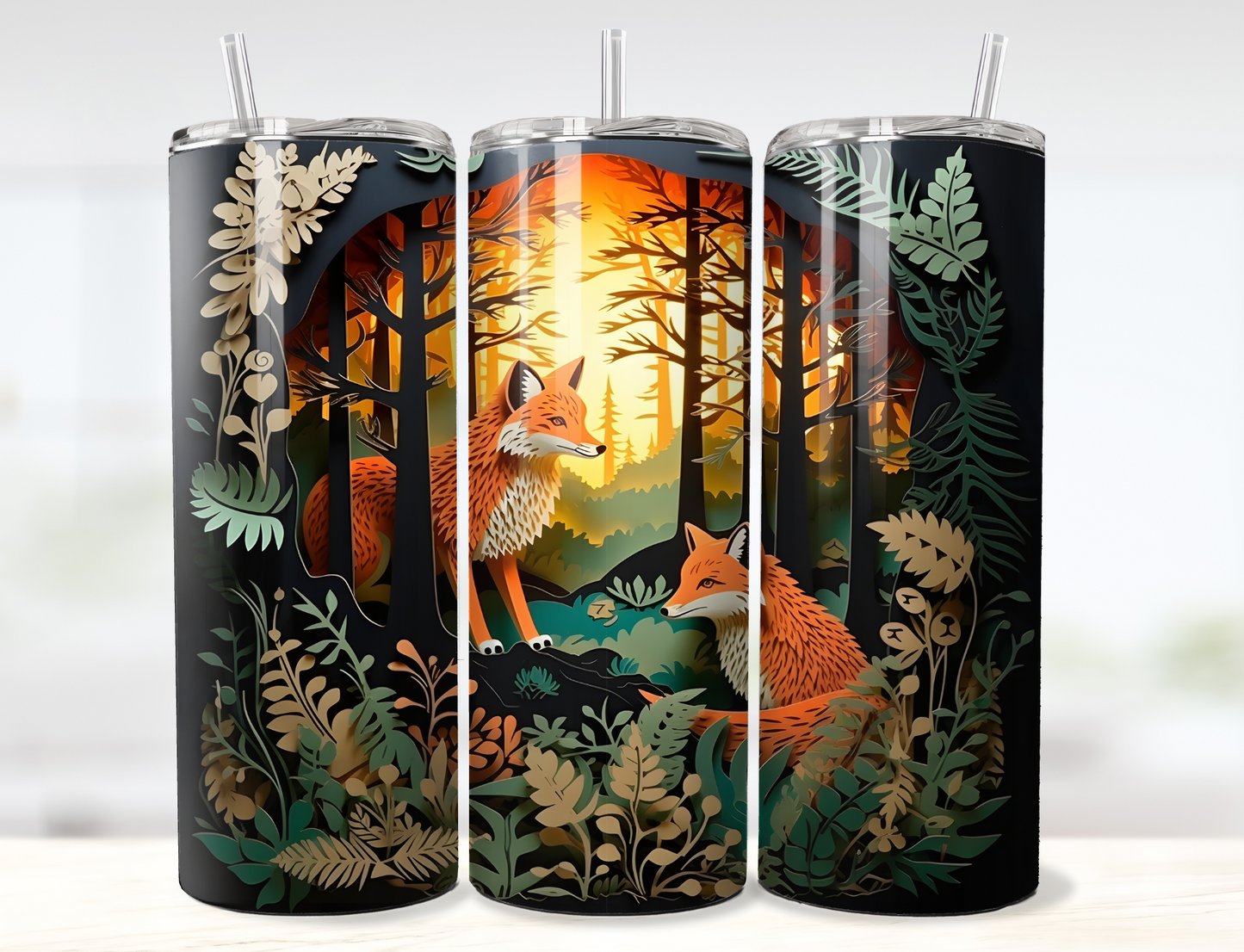 3D Fox in the Forest Layered Paper Shadow Box Tumbler Wrap PNG