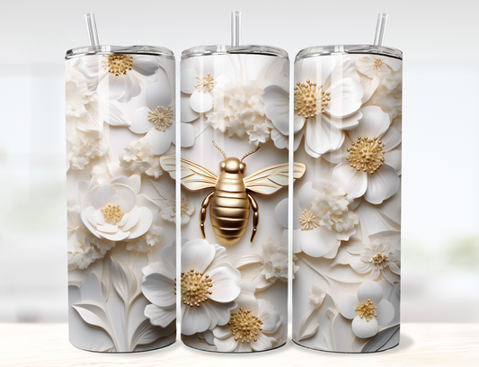3D Gold Bee and White Flowers Tumbler Wrap PNG
