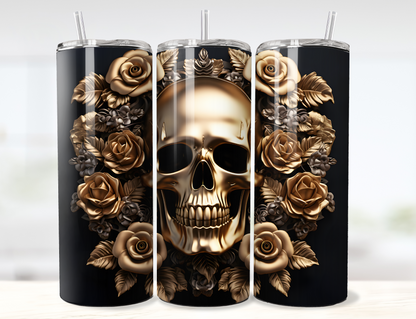 3D Gold Skull with Flowers Tumbler Wrap PNG