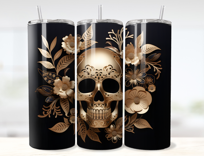 3D Gold Skull with Flowers Tumbler Wrap PNG