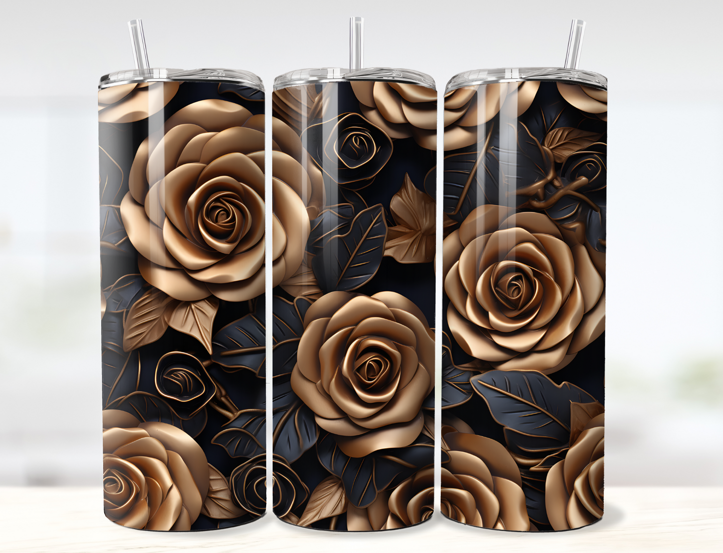 3D Gold and Black Tooled Leather Roses Tumbler Wrap PNG
