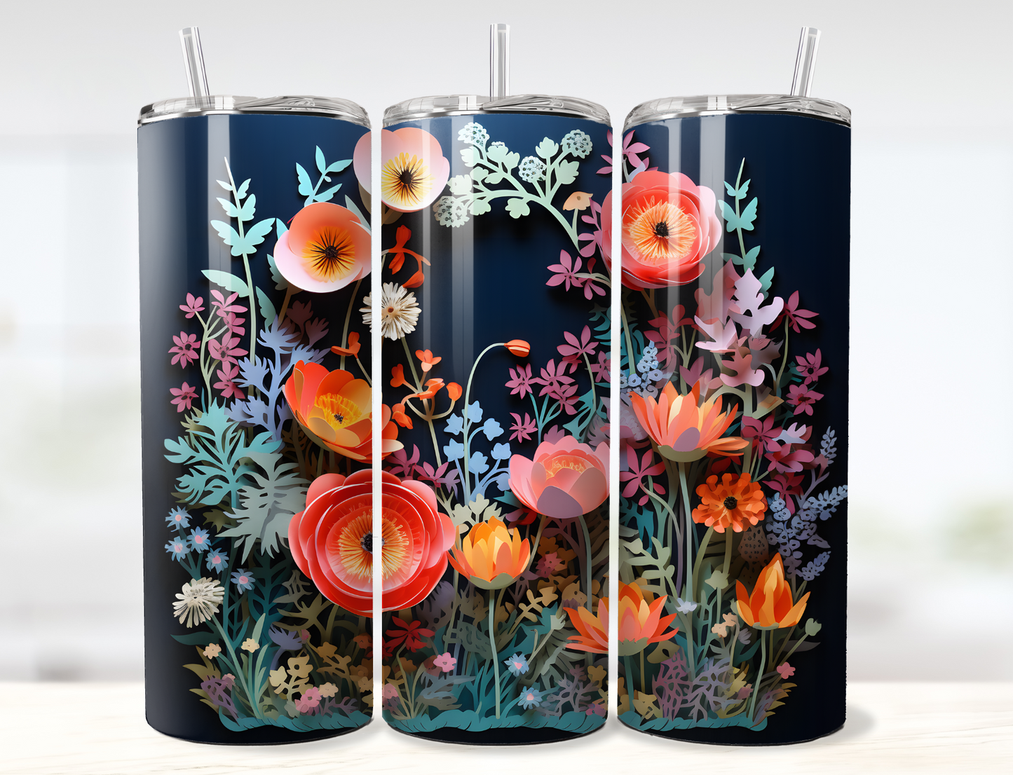 3D Gorgeous Layered Paper Flowers Tumbler Wrap PNG
