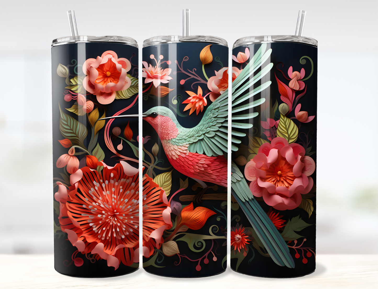 3D Green Hummingbird and Pink Flowers Layered Paper Tumbler Wrap PNG
