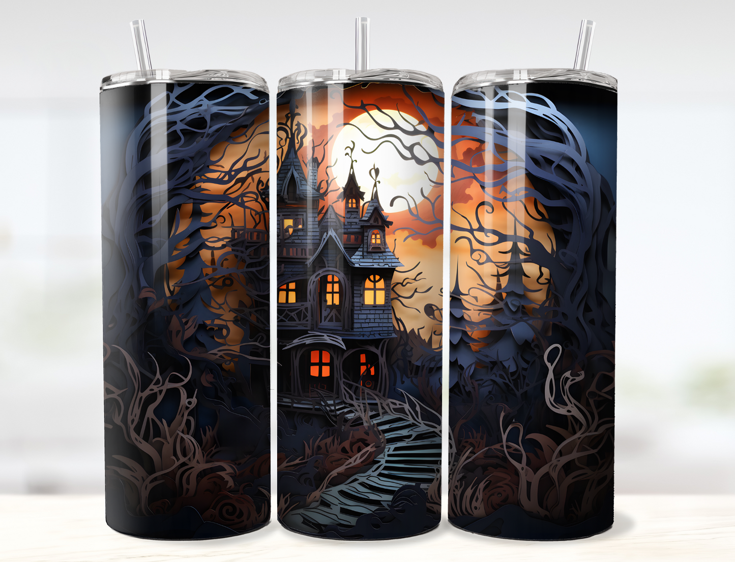 3D Halloween Haunted House Layered Paper Tumbler Wrap PNG