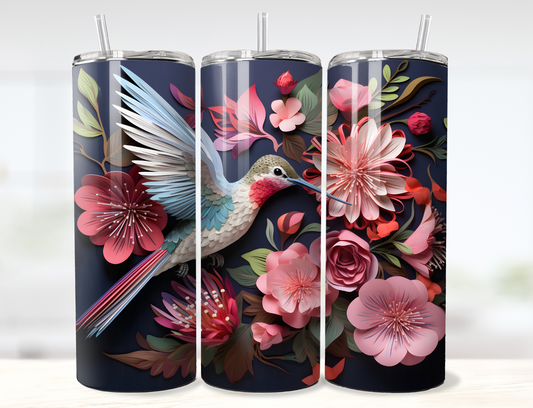 3D Hummingbird and Flowers Layered Paper Art Tumbler Wrap PNG
