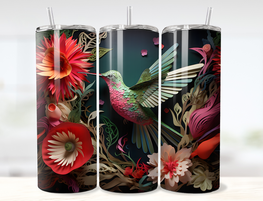 3D Hummingbird with Flowers Colorful Layered Paper Tumbler Wrap PNG