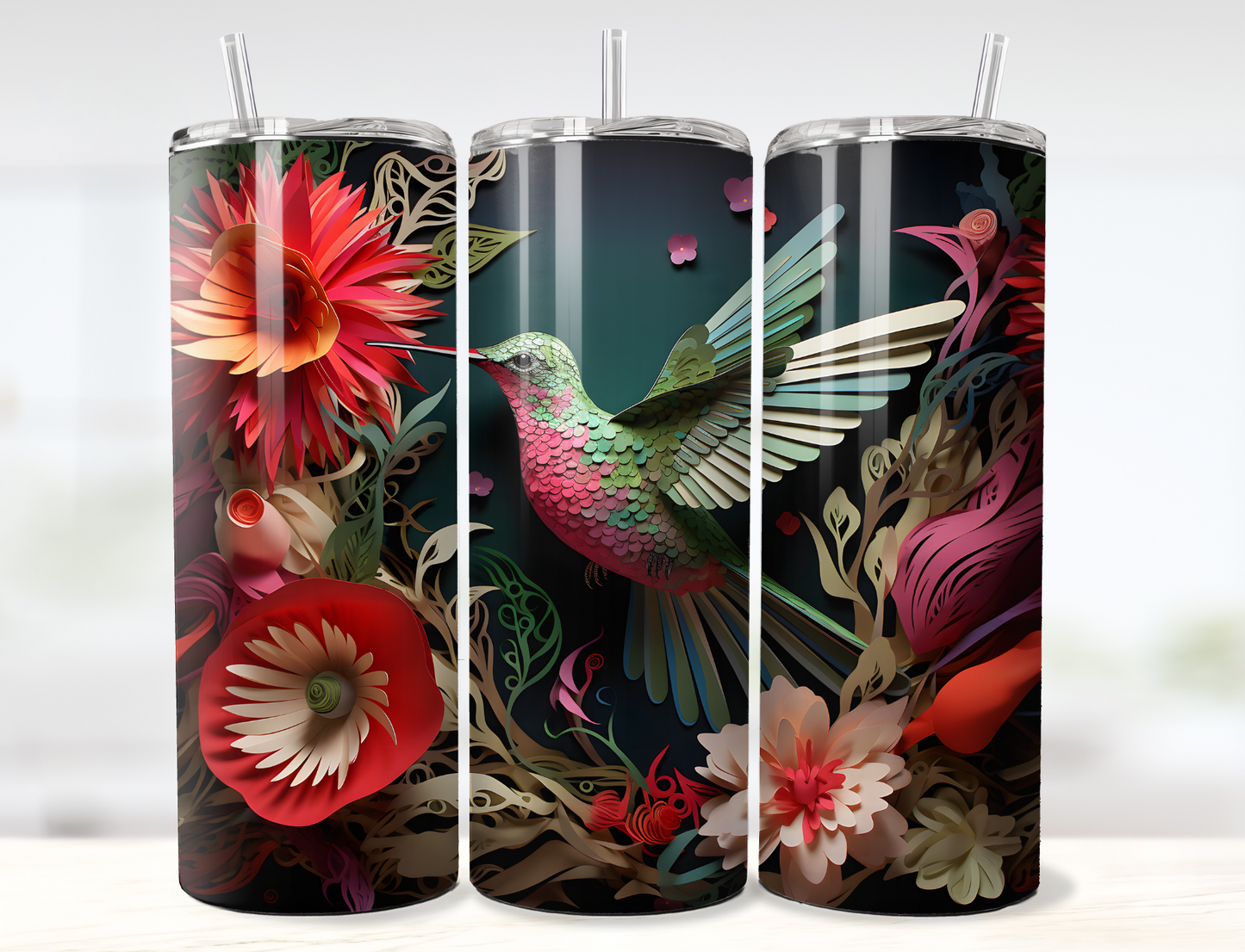 3D Hummingbird with Flowers Colorful Layered Paper Tumbler Wrap PNG