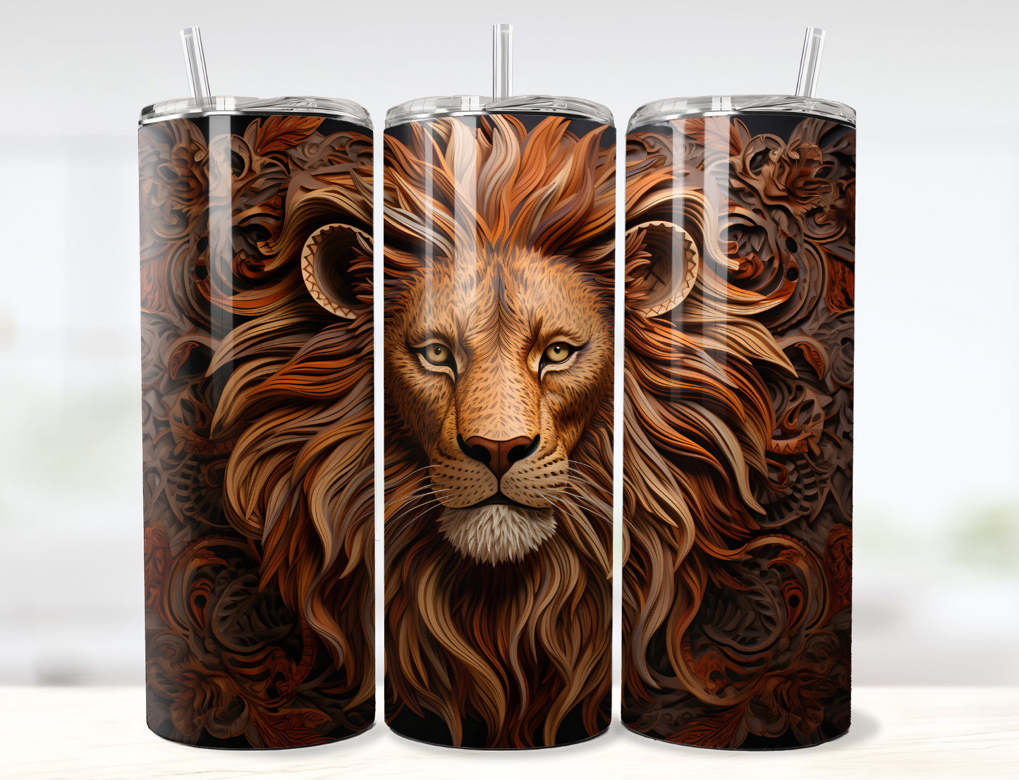 3D Lion Tooled Leather Tumbler Wrap PNG