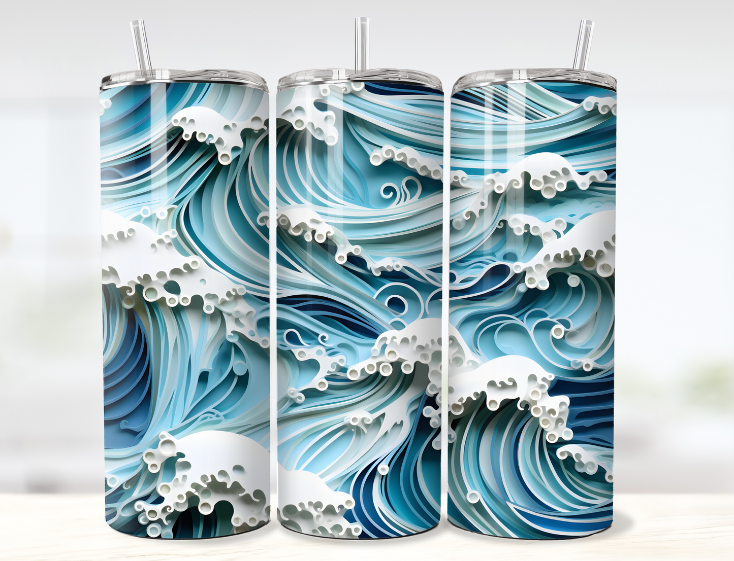 3D Ocean Waves 3D Layered Paper Tumbler Wrap PNG