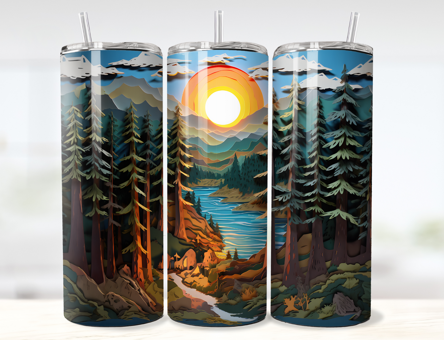 3D Outdoors Mountain Scene Layered Paper Tumbler Wrap PNG