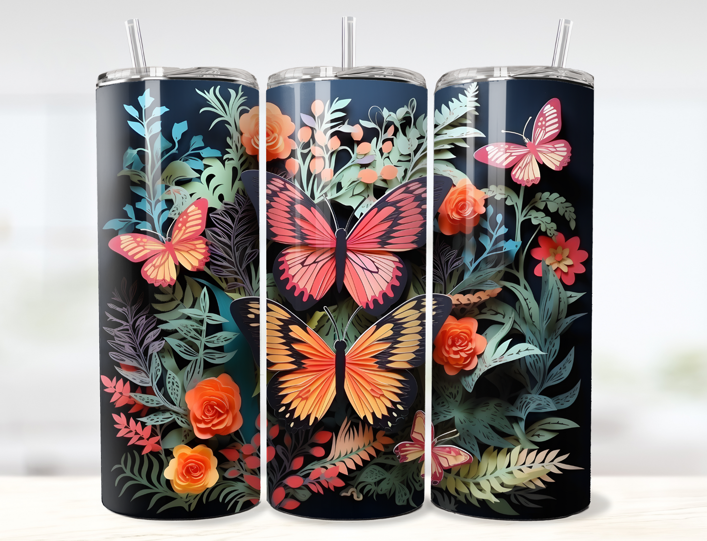 3D Paper Butterflies and Flowers Tumbler Wrap PNG