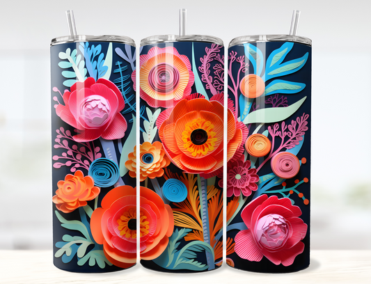 3D Paper Flower Bouquet on Navy Background Tumbler Wrap PNG