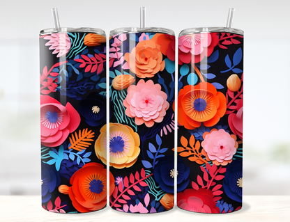 3D Paper Flowers Bold Colors Tumbler Wrap PNG
