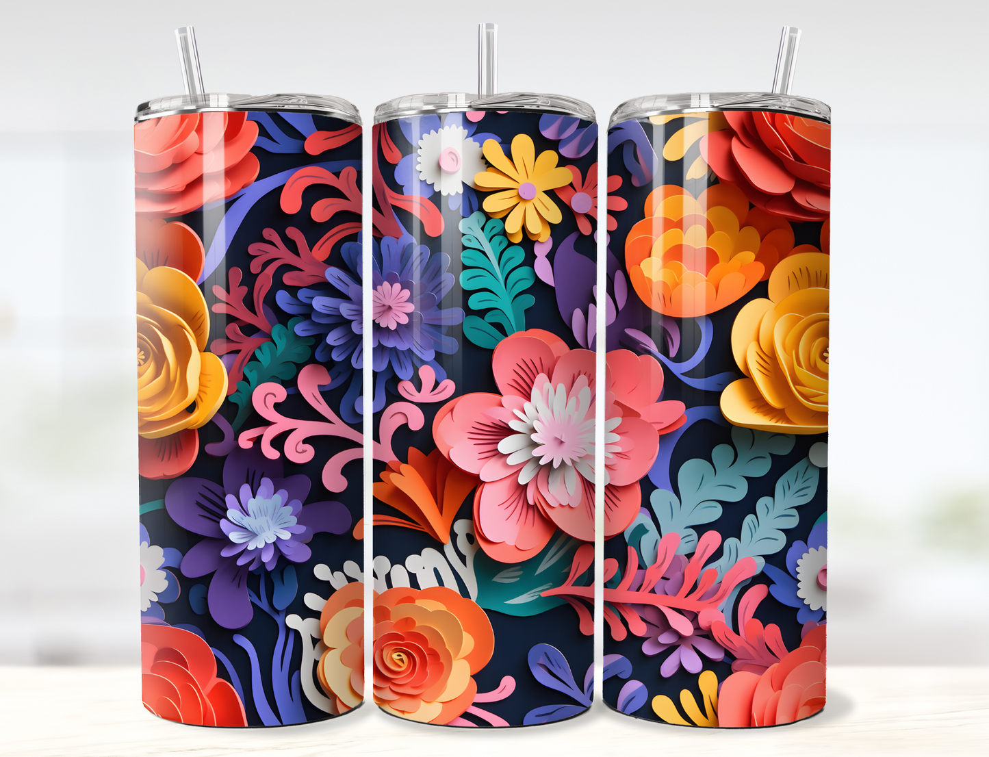 3D Paper Flowers Vibrant Mix Tumbler Wrap PNG