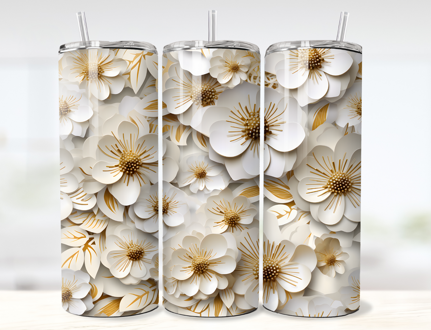 3D Paper Flowers White and Gold Tumbler Wrap PNG