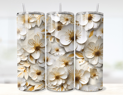 3D Paper Flowers White and Gold Tumbler Wrap PNG