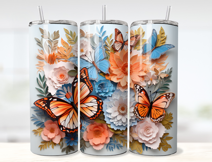 3D Paper Monarch Butterflies and Flowers Tumbler Wrap PNG