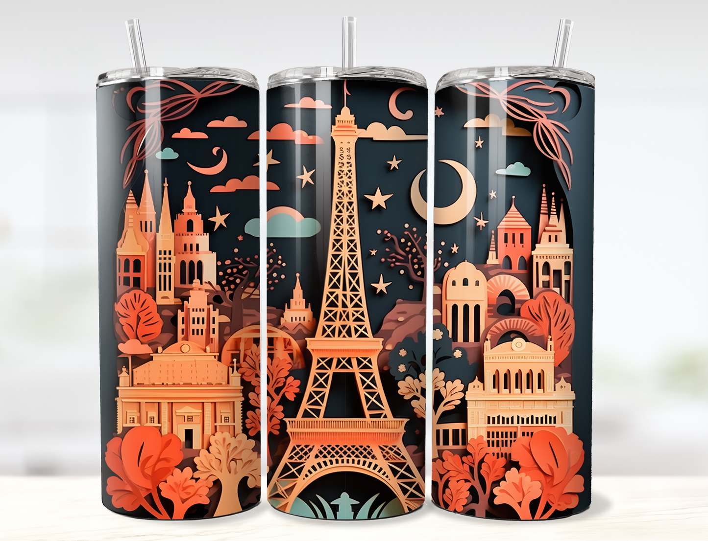 3D Paper Paris Eiffel Tower in Autumn Tumbler Wrap PNG