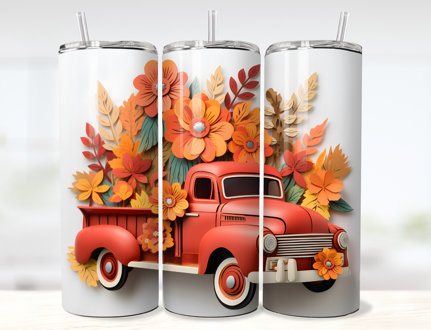 3D Paper Vintage Red Pickup Truck with Autumn Flowers Tumbler Wrap PNG