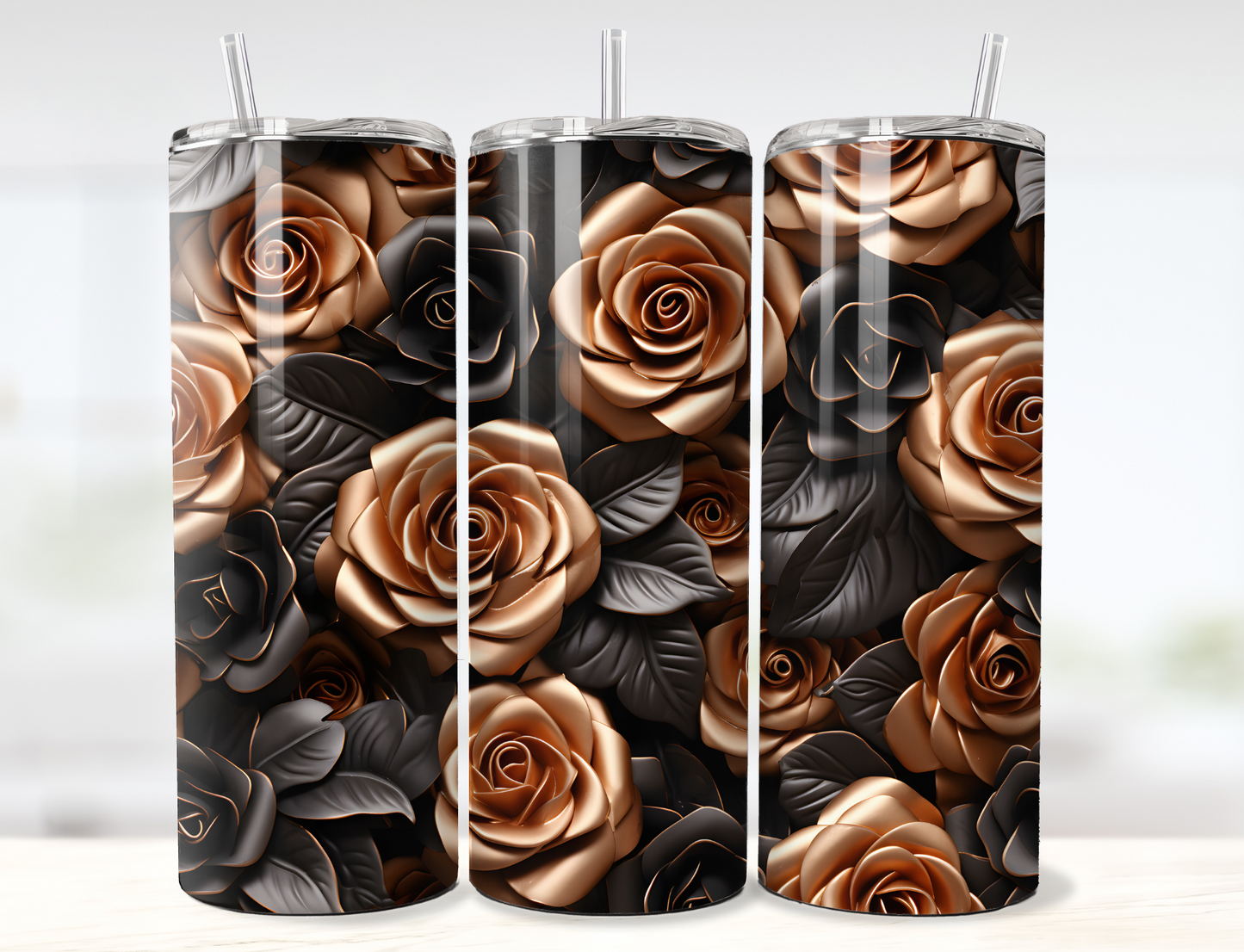 3D Rose Gold and Black Tooled Leather Roses Tumbler Wrap PNG