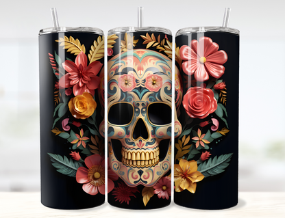 3D Sugar Skull with Flowers Dia de los Muertes Tumbler Wrap PNG