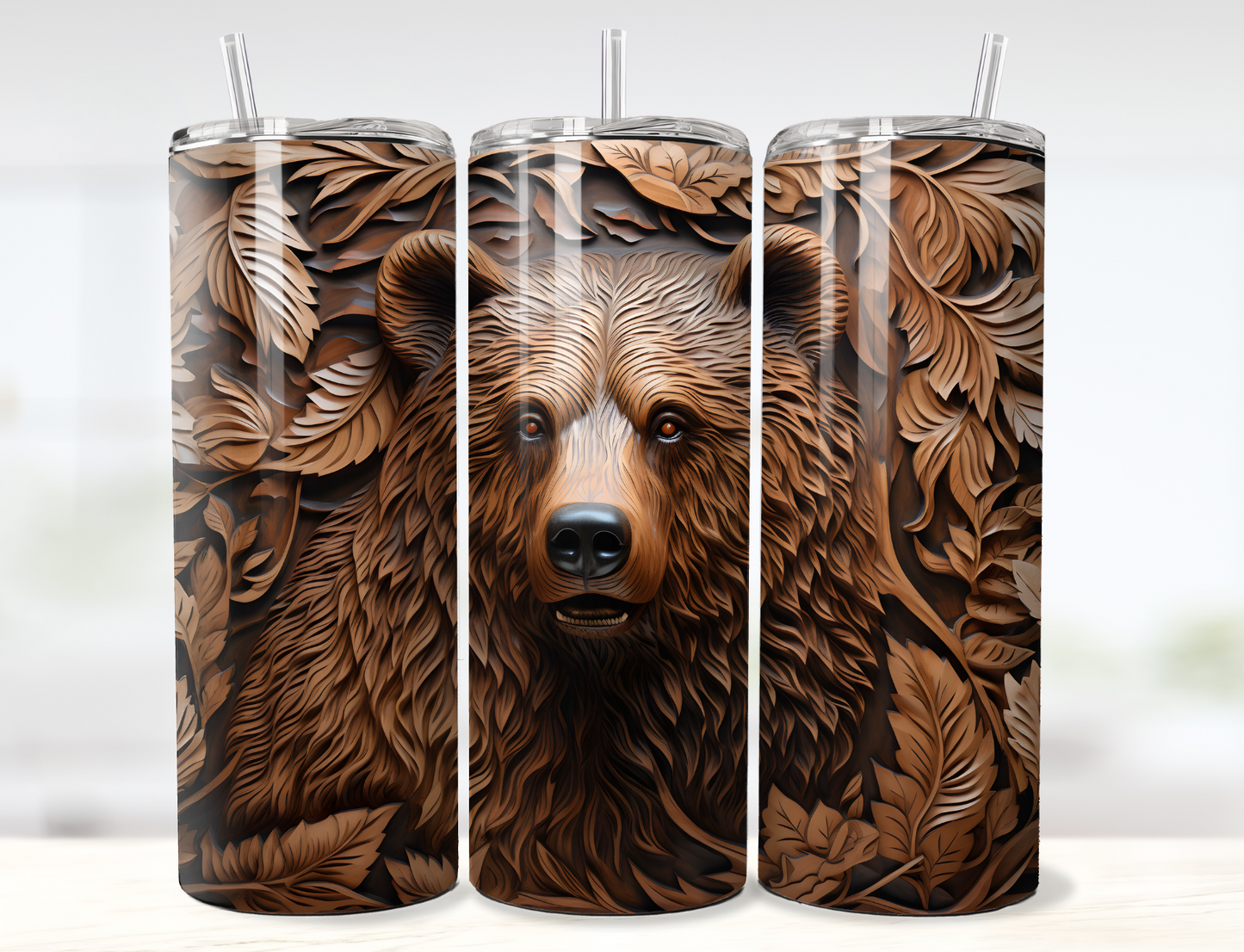 3D Tooled Leather Bear Tumbler Wrap PNG
