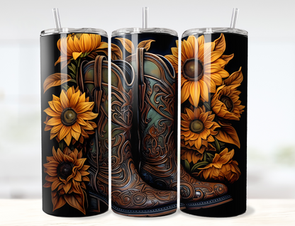 3D Tooled Leather Cowboy Boots and Sunflowers Tumbler Wrap PNG