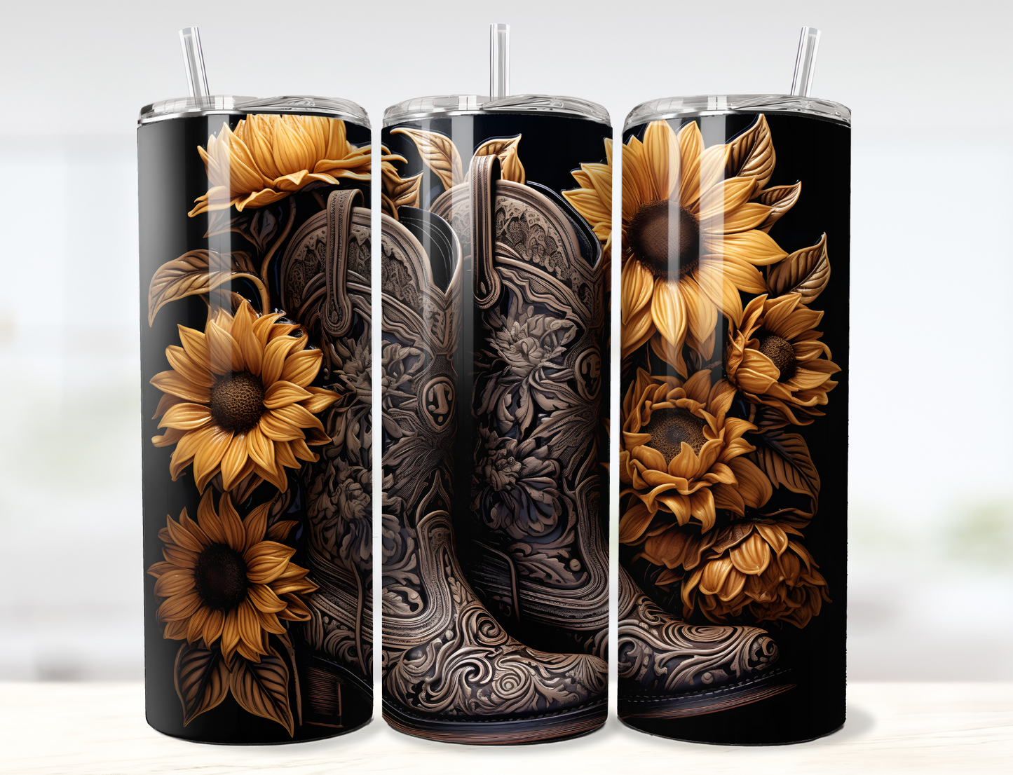 3D Tooled Leather Cowboy Boots with Sunflowers Tumbler Wrap PNG