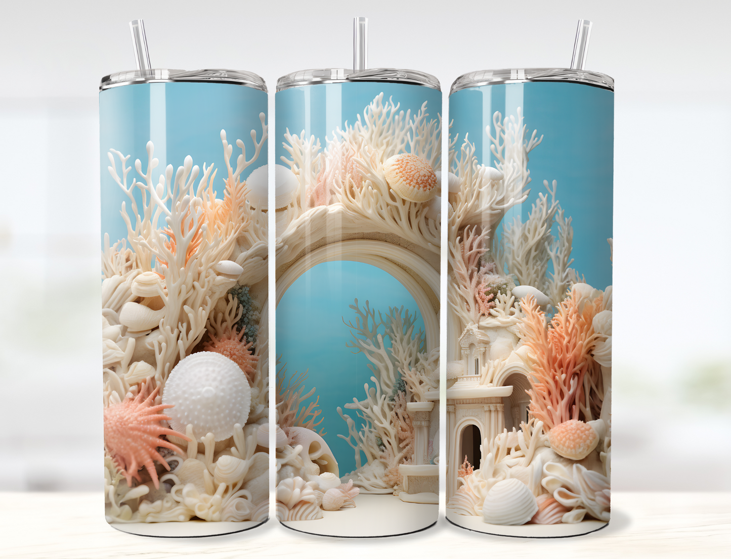 3D Underwater Fantasy Archway with Coral and Shells Tumbler Wrap PNG