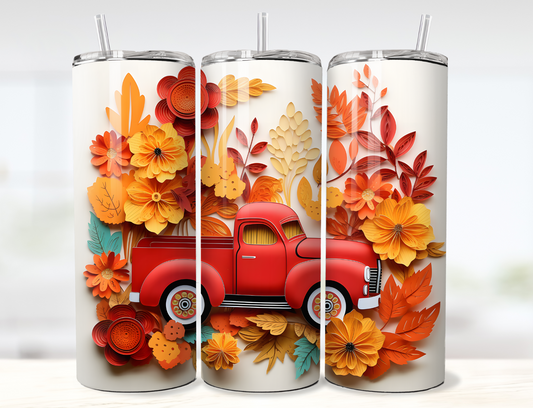 3D Vintage Red Pickup Truck with Autumn Leaves and Flowers Tumbler Wrap PNG