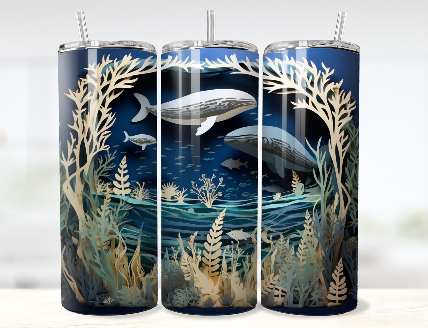 3D Whales in the Ocean Layered Paper Tumbler Wrap PNG