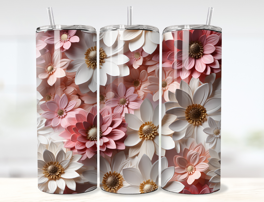 3D White Pink Gold Flowers Tumbler Wrap