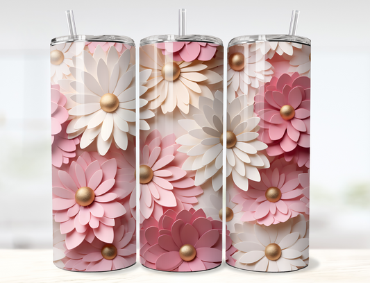 3D White Pink and Gold Flowers Tumbler Wrap PNG