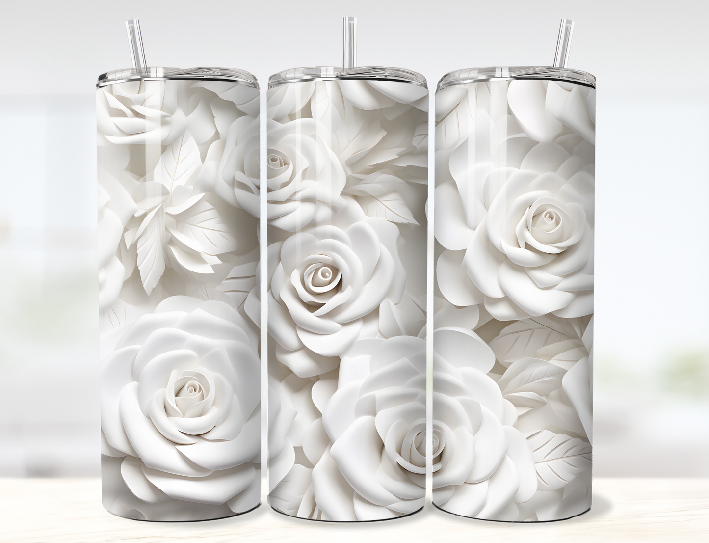 3D White Roses Ceramic Tumbler Wrap PNG