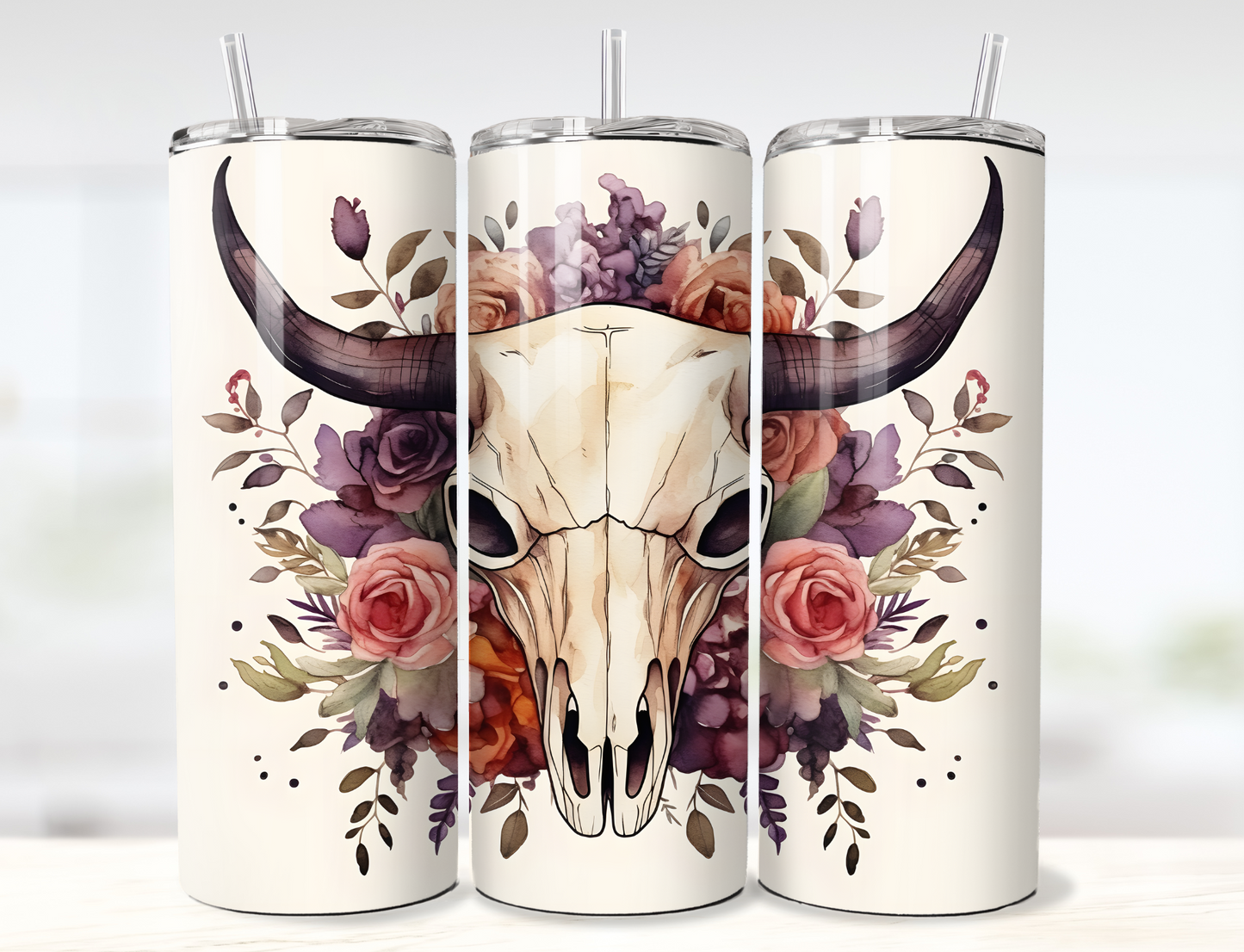 Boho Cow Skull and Flowers Watercolor Tumbler Wrap PNG