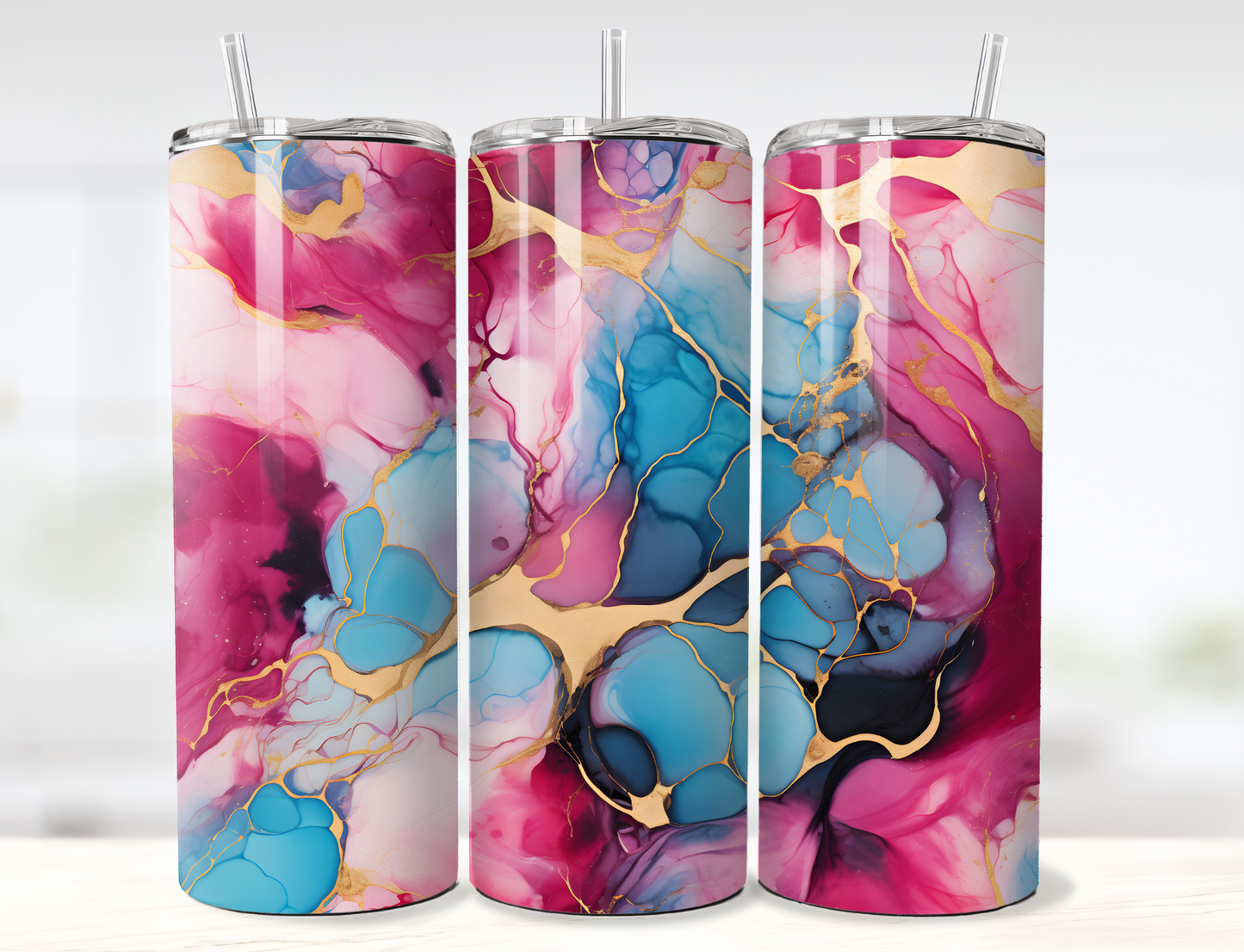 Pink Blue and Gold Alcohol Ink Tumbler Wrap PNG